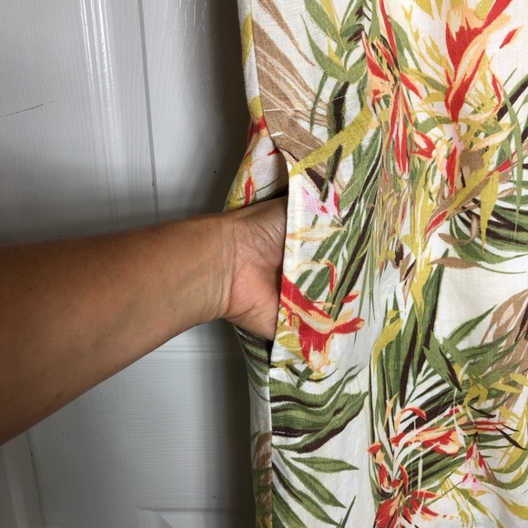 J.Jill Love Linen 100% Linen V Neck Sleeves Pockets Tropical Shift Lined Dress M - Picture 5 of 16